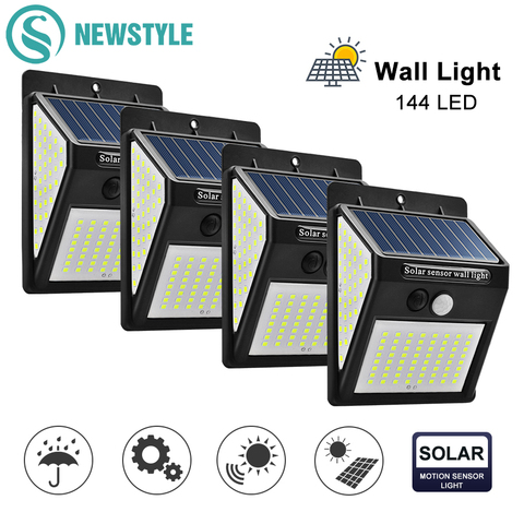 Lámpara Solar de pared LED para exteriores, Sensor de movimiento de 3 modos PIR, luz impermeable para camino de jardín, luz de seguridad de emergencia, 3 lados, luminosa, 144 ► Foto 1/6