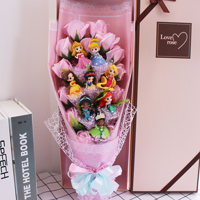 Ramo en caja de regalo de dibujos animados de la princesa, 8 Uds., con flores artificiales, regalos creativos de graduación/cumpleaños/San Valentín ► Foto 1/5