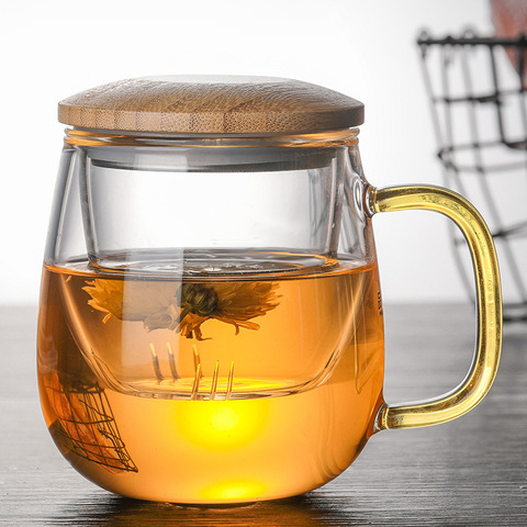 Taza para infusión de té de vidrio, creativa, con mango de filtro transparente, tapa de bambú, resistente al calor, tazas de té de flores para oficina ► Foto 1/6