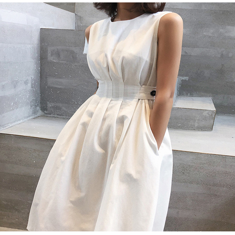 2022 verano mujeres Blanco sólido negro moda elegante Vestido de fiesta Casual cuello redondo sin mangas Tank Sundress mujer Vestido ► Foto 1/6