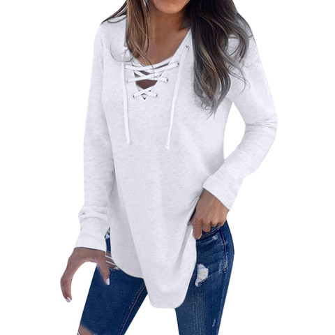 Sólido de Drawsting las mujeres Blusa Tops Sexy V-cuello primavera túnica de Otoño de manga larga Casual suelto para las mujeres Blusa Рубашка Женская ► Foto 1/6