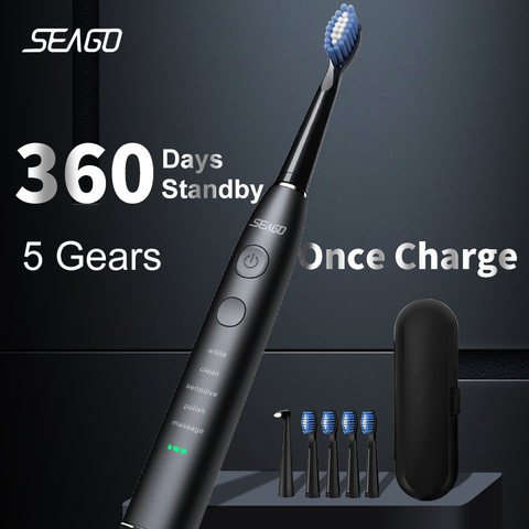 SEAGO-cepillo de dientes eléctrico sónico para adulto, resistente al agua, recargable por USB, Larga 360 días de modo de reposo, con 5 cabezales ► Foto 1/6