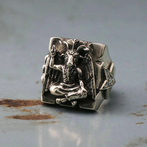 EYHIMD-anillo gótico de Baphomet, sello de anillo de acero inoxidable de Satán, pentagrama, anillos joyas Regalos para Él ► Foto 1/5