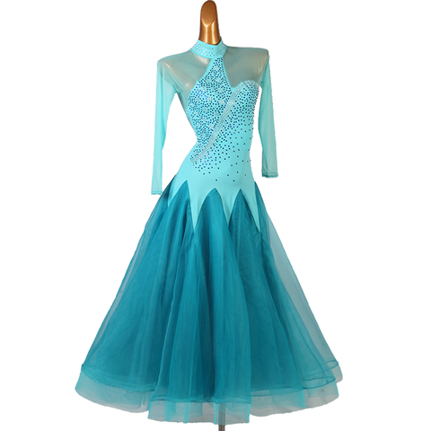 Vestido de Salón Estándar de manga larga, para mujer, para escenario, Vals, salón de baile, competición, mq213, azul ► Foto 1/6