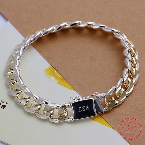 Pulsera de plata de ley 925 para hombre y mujer, exquisita pulsera de plata fina de 10mm de ancho y 21cm de espesor, joyería fina ► Foto 1/6