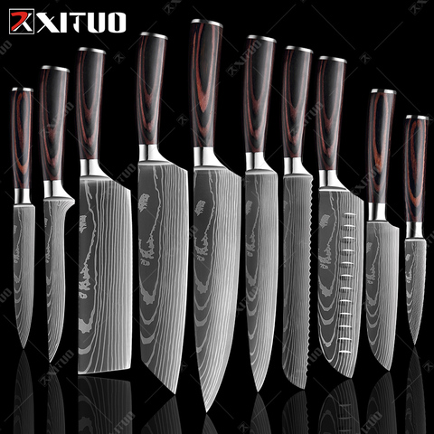 XITUO-Cuchillo de chef con patrón de damasco láser, herramienta de cocina afilado Santoku de 8
