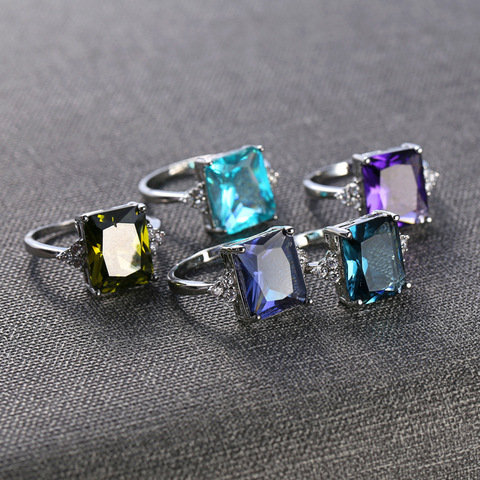100% sólido de color de plata anillos de joyería para las mujeres grande Cz 10x12mm 6 colores de cristal bien joyería Boda nupcial anillo de compromiso ► Foto 1/6