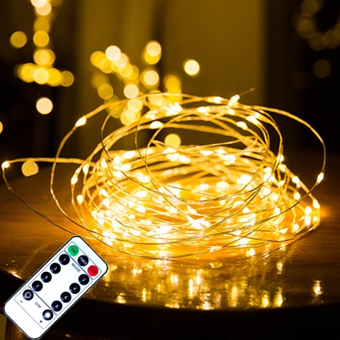Luces de hadas con Control remoto, guirnalda de luces LED con temporizador de alambre de cobre, decoración navideña, alimentadas por batería por USB, 5/10/20M ► Foto 1/6
