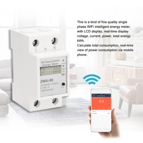 Medidor de energía inteligente Wifi monofásico, consumo de energía de carril Din, Kwh, medidor vatímetro, funciona con Alexa y Google Home ► Foto 1/6