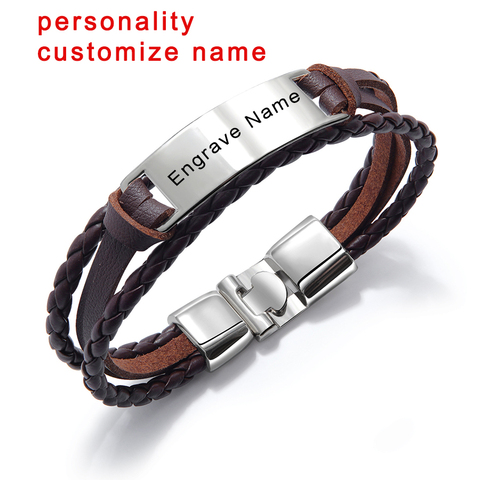 Pulsera de cuero con Logo personalizado para hombres y mujeres, brazalete de marca de lujo hecho a mano con identificación de cuerda, para grabar nombre ► Foto 1/6