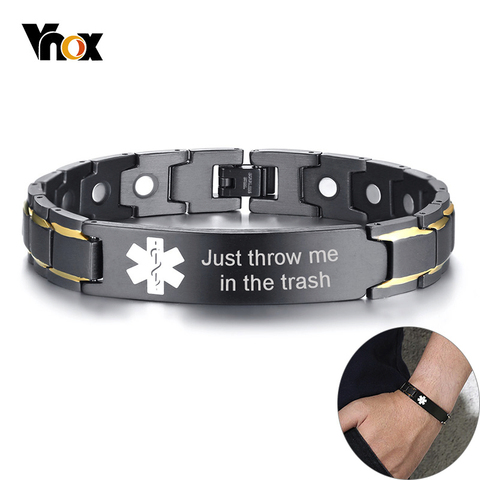 Vnox-pulsera con ID de alerta médica para hombre, brazalete de acero inoxidable negro con recordatorio de emergencia para alivio del dolor con herramienta ► Foto 1/6