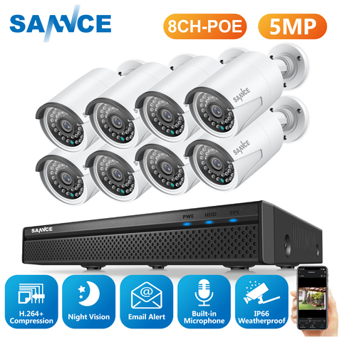 SANNCE-sistema de cámaras de vigilancia de vídeo POE, 8 canales, 5MP, FHD, H.264 + 5MP, NVR con seguridad impermeable al aire libre, cámaras IP, grabación de Audio ► Foto 1/6