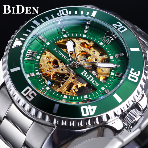 BIDEN-reloj mecánico de negocios para hombre, esfera con mecanismo al descubierto, diseño de diamante automático, resistente al agua, de acero inoxidable, luminoso ► Foto 1/6