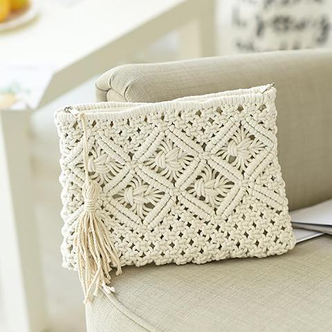 Bolso de mano de paja Tejido estilo bohemio para mujer, bolsa de mano informal con borlas simples a la moda, bolso de playa Vintage para mujer y Niña ► Foto 1/6