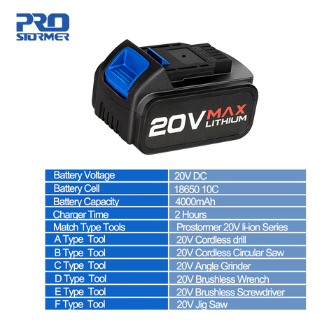 PROSTORMER-batería de litio recargable de 20V para llave eléctrica, taladro, destornillador, sierra Circular, amoladora angular, 2000mAh/4000mAh ► Foto 1/5