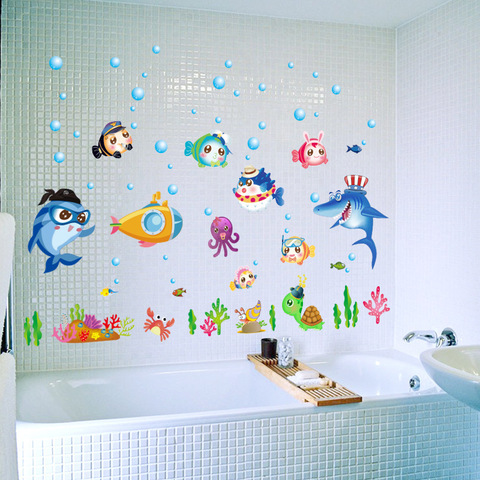 Etiqueta para pared de burbuja con forma de pez azul para decoración del hogar, murales de dibujos animados para habitación de niños, Baño ► Foto 1/6