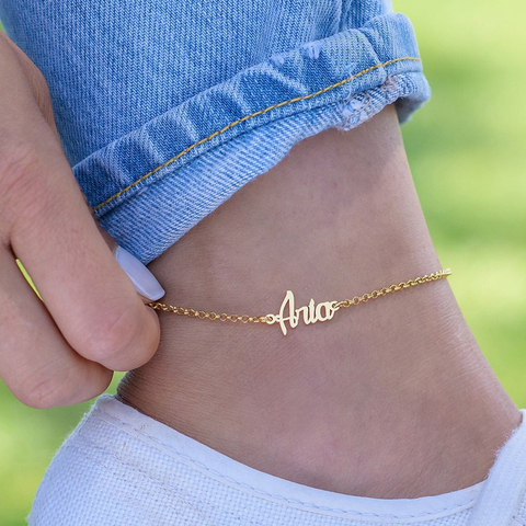 Placa con nombre personalizada pulsera de tobillo de mujer personalizada nombre pulsera de acero inoxidable de cadena de la uso diario pie joyería ► Foto 1/6