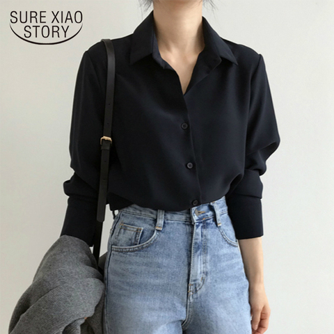 Blusa holgada clásica de chifón para mujer, camisa de manga larga de talla grande, estilo sencillo, 6830 50 ► Foto 1/6