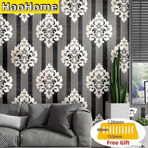 HaoHome-papel tapiz de Damasco negro moderno, papel tapiz de pelar y pegar, decoración de pared, vinilo autoadhesivo, papel de Contacto decorativo ► Foto 1/6