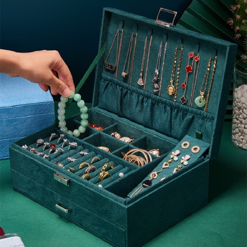 Caja organizadora de joyería tipo cajón, organizador de terciopelo, portátil, multifuncional, collar, pendiente, anillo, pulsera de moda, soporte de exhibición ► Foto 1/6