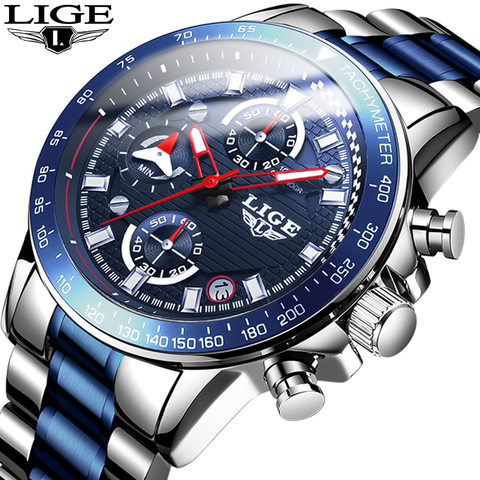 LIGE-reloj analógico de acero inoxidable para hombre, nuevo accesorio de pulsera de cuarzo resistente al agua con cronógrafo, marca de lujo deportivo de complemento masculino con diseño moderno, 2022 ► Foto 1/6