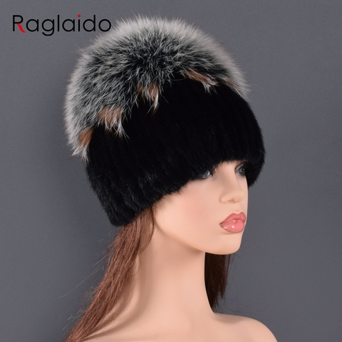 Alta calidad gorro de piel de visón para las mujeres Piel de visón natural gorro de piel de visón con lujo de borla grande de piel de zorro bola gorros de invierno de las mujeres de dama ir ► Foto 1/6