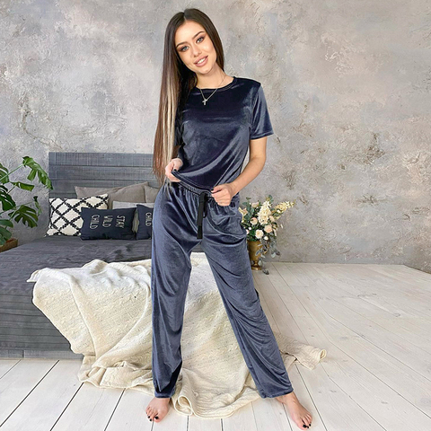 HiLoc-ropa de dormir de terciopelo azul para mujer, conjunto de traje para casa cálido de invierno, pijamas femeninos, pantalones sueltos, conjunto de dos piezas de manga corta de punto con cinta ► Foto 1/6