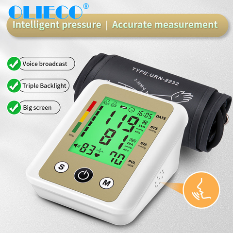 OLIECO-Monitor de presión arterial automático, tonómetro Digital para la parte superior del brazo, medidor de pulso, medidor de ritmo cardíaco, voz en Inglés, pantalla LCD ► Foto 1/6