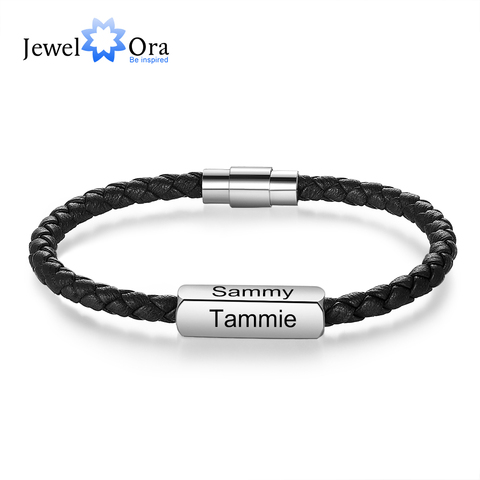 JewelOra-pulsera de cuero trenzado con grabado personalizado para hombre, brazalete de acero inoxidable con 1 a 4 nombres, color negro ► Foto 1/6