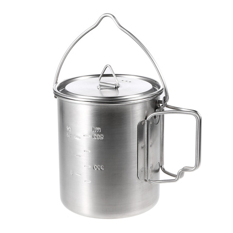 Olla de acero inoxidable para acampar al aire libre, olla colgante, taza para acampar, tazón taza de agua con tapa y mango plegable, cocina al aire libre, Picnic, 750ml ► Foto 1/6