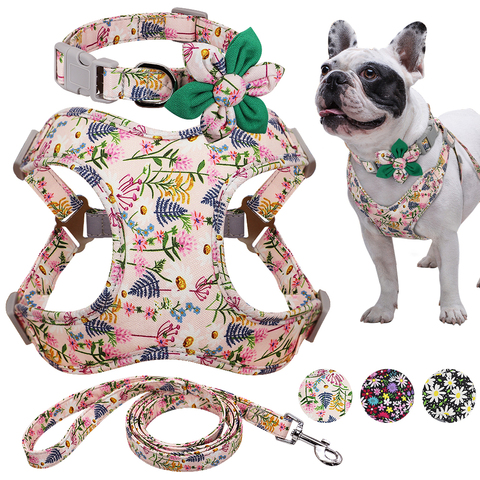 Juego de arnés de Bulldog Francés, Correa y Collar con estampado, arnés para perros sin tirones, correa de chaleco, conjunto de Collar para perros pequeños, medianos y grandes ► Foto 1/6