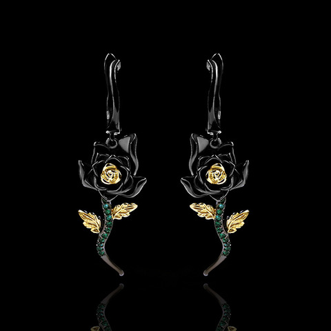 Exquisito y elegante Petite pendientes flor negro aros de oro circonio fiesta joyas para fiestas de compromiso 925 joyas de plata ► Foto 1/5