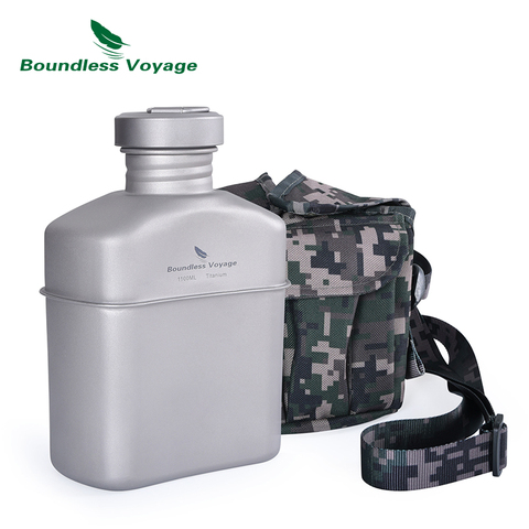 Cantimplora militar de titanio con bolsa de camuflaje, juego de sartén para acampada en forma de riñón, con tapa y cadena colgante ► Foto 1/1