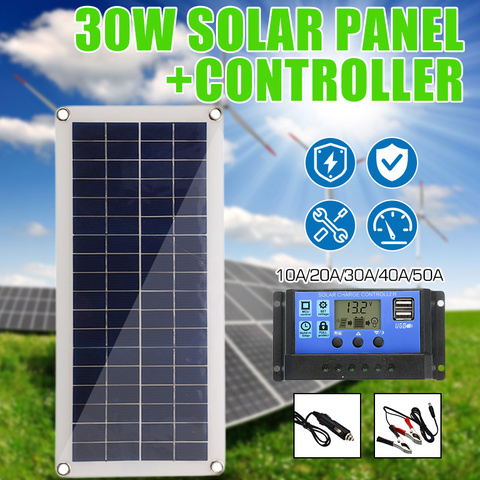 Panel Solar con doble salida USB para coche y yate, 30W, 12V, celdas solares, Panel Solar de polímero, controlador de 10/20/30/40/50A, cargador de bote ► Foto 1/6