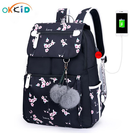 OKKID-mochila de colegio rosa con flores para niños y niñas, maleta de viaje para ordenador portátil y cargador usb, bolsa escolar de mujer para estudiantes ► Foto 1/6