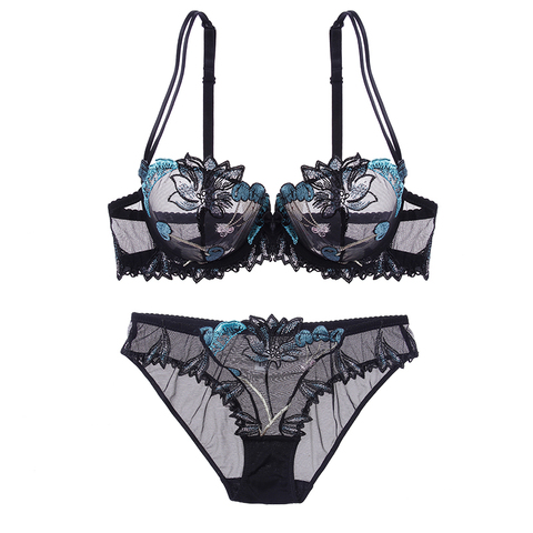 Lilymoda, conjunto de lencería ultrafina para mujer, Conjunto de sujetador sin forro Sexy, bragas Push up transparentes con encaje bordado, bragas de sujetador negro ► Foto 1/6