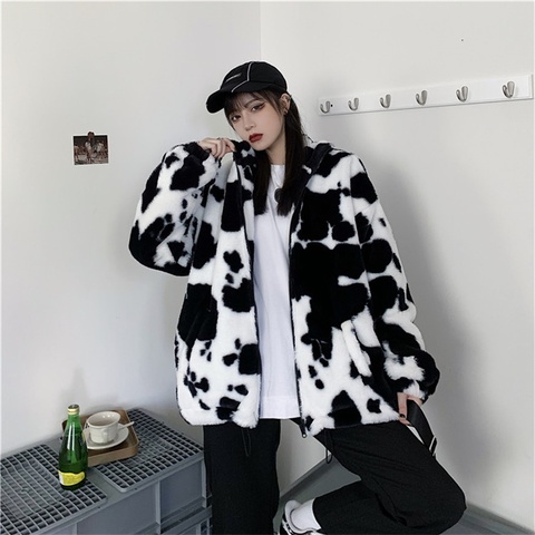 Chaqueta de cuero de manga larga para invierno, abrigo de estilo coreano Harajuku con estampado de vaca, Vintage, franela, mantiene el calor, ropa de algodón ► Foto 1/6