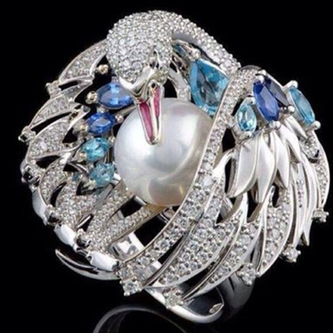Exquisitos anillos de compromiso brillantes de lujo vintage cisne blanco anillo de bodas de perlas para mujer chica fiesta joyería femenina ► Foto 1/3