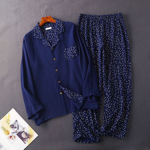Pijamas de botón para hombre, ropa de algodón, crepé, talla grande, para primavera y otoño, servicio doméstico, japonés ► Foto 1/6
