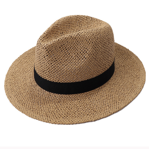 HT3119-sombrero de paja de banda negra para hombre y mujer, sombrero de ala ancha, Sombrero de Panamá para playa, visera plana, Unisex ► Foto 1/6