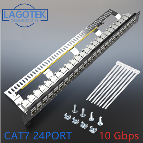 Panel de parche Cat7, 24 puertos, CAT7/CAT6a FTP, blindado completo, incluye. Adaptador keystone, 24x Cat7 blindado, 1U, 19 pulgadas ► Foto 1/6