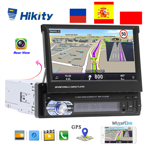 Hikity-Radio Universal con GPS para coche, radio con navegador, Bluetooth, cámara de visión trasera, reproductor de vídeo, MP5, Audio estéreo, FM, USB, SD, 1 din, 7