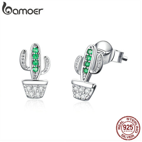 BAMOER-pendientes de tuerca de planta de Cactus verde para mujer, de Plata de Ley 925 auténtica, joyería de circón cúbico transparente SCE522 ► Foto 1/6