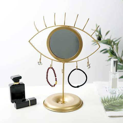 Espejo decorativo para ojos Mesa Cosmética Maquillaje Mirroer soporte de joyería organizador con espejo soporte de sobremesa ganchos de joyería decorativos dorados ► Foto 1/6