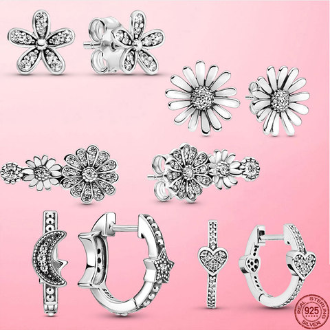 Pendientes de plata de primera ley con forma de corazón para mujer, aretes pequeños, plata esterlina 925, Margarita plateada, árbol familiar, flor, joya Original, S925, gran oferta ► Foto 1/6