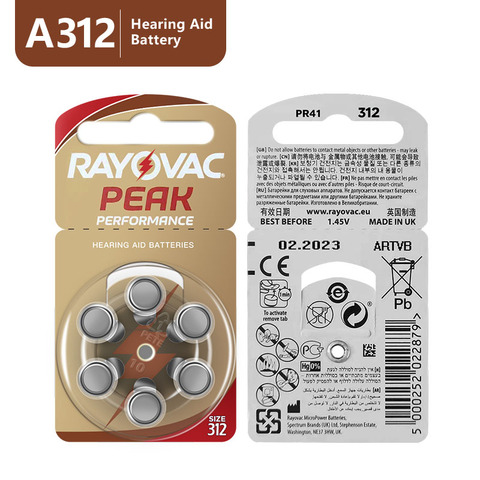 60 PCS RAYOVAC PEAK pilas para audífonos A312 312A ZA312 312 PR41 S312, 60 PCS batería para audífonos Zinc Air 312 A312 ► Foto 1/4