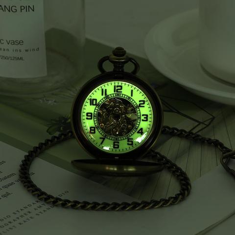 Reloj de bolsillo mecánico luminoso de lujo de bronce, rueda hueca, bobinado a mano, Steampunk, cadena colgante de bolsillo, reloj antiguo, los mejores regalos ► Foto 1/6