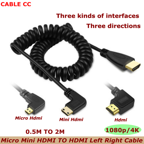 2m HDMI a ángulo derecho e izquierdo Mini HDMI & Micro HDMI macho a macho Cable Flexible elástico de resorte V1.4 DSLR ► Foto 1/6