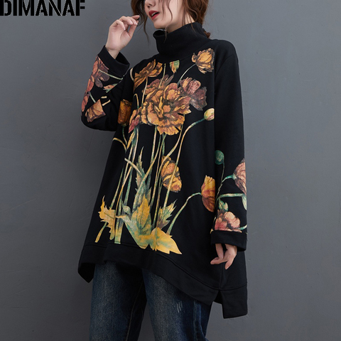 DIMANAF-Jersey de talla grande con capucha para mujer, sudaderas con capucha para mujer, Tops con estampado Floral de cuello alto, ropa holgada gruesa de algodón para Otoño e Invierno ► Foto 1/6