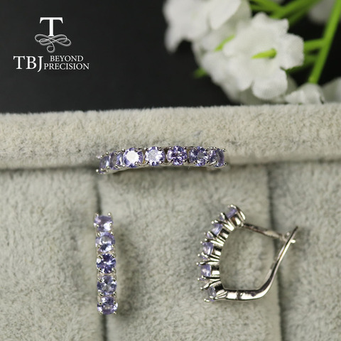 TBJ natural joyería tanzanita conjunto pequeño tamaño redondo de 3mm pendiente del anillo tanzanita azul natural pendiente de anillo de Plata de Ley 925 ► Foto 1/6